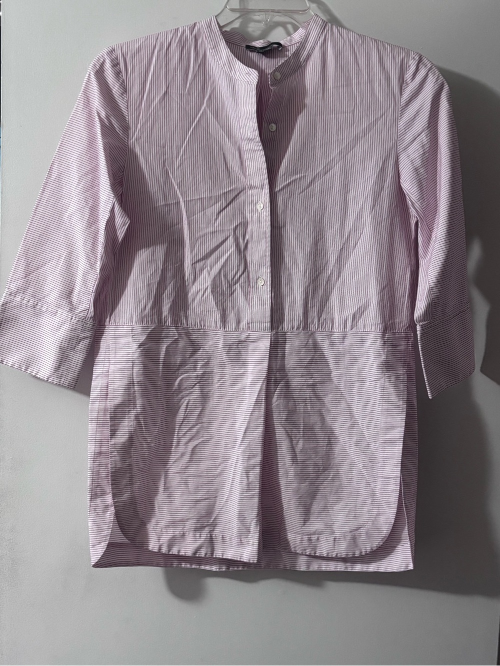 Vince Pink & White Striped Cotton Mandarin Collar Tunic Button-Up Top Size XS